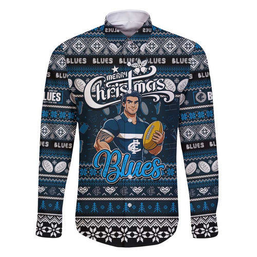 Personalized Blues Rugby Xmas Family Matching Off Shoulder Short Dress and Hawaiian Shirt Australia AFL Mascot