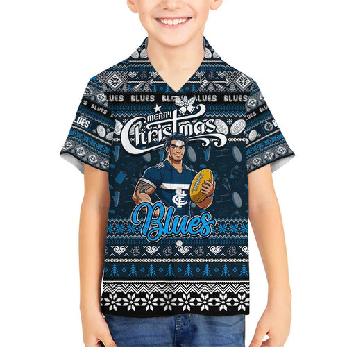Personalized Blues Rugby Xmas Family Matching Off Shoulder Short Dress and Hawaiian Shirt Australia AFL Mascot