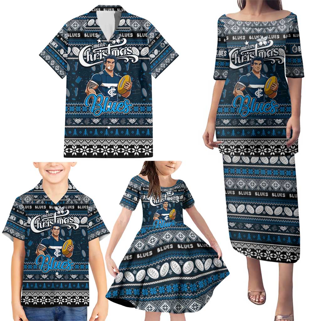 Personalized Blues Rugby Xmas Family Matching Puletasi and Hawaiian Shirt Australia AFL Mascot
