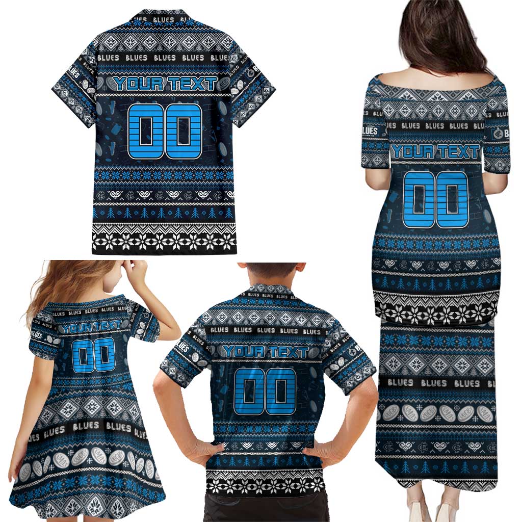 Personalized Blues Rugby Xmas Family Matching Puletasi and Hawaiian Shirt Australia AFL Mascot