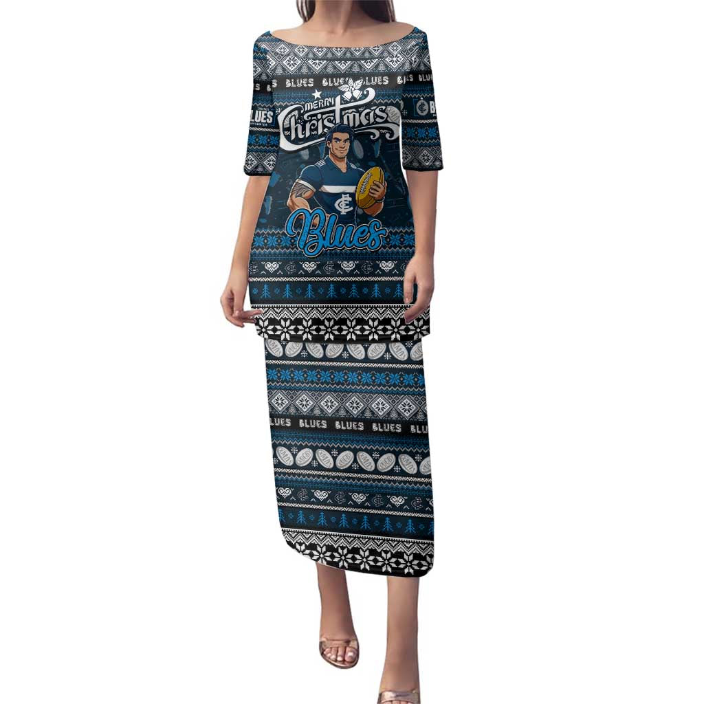 Personalized Blues Rugby Xmas Family Matching Puletasi and Hawaiian Shirt Australia AFL Mascot