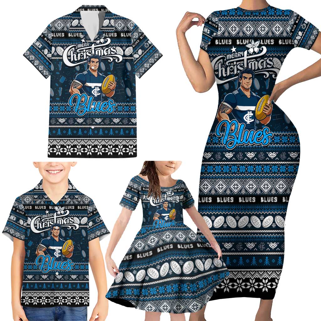 Personalized Blues Rugby Xmas Family Matching Short Sleeve Bodycon Dress and Hawaiian Shirt Australia AFL Mascot