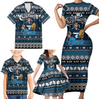 Personalized Blues Rugby Xmas Family Matching Short Sleeve Bodycon Dress and Hawaiian Shirt Australia AFL Mascot