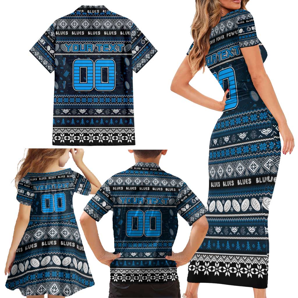 Personalized Blues Rugby Xmas Family Matching Short Sleeve Bodycon Dress and Hawaiian Shirt Australia AFL Mascot