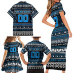 Personalized Blues Rugby Xmas Family Matching Short Sleeve Bodycon Dress and Hawaiian Shirt Australia AFL Mascot