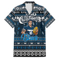 Personalized Blues Rugby Xmas Family Matching Short Sleeve Bodycon Dress and Hawaiian Shirt Australia AFL Mascot