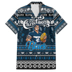 Personalized Blues Rugby Xmas Family Matching Short Sleeve Bodycon Dress and Hawaiian Shirt Australia AFL Mascot
