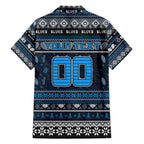 Personalized Blues Rugby Xmas Family Matching Short Sleeve Bodycon Dress and Hawaiian Shirt Australia AFL Mascot