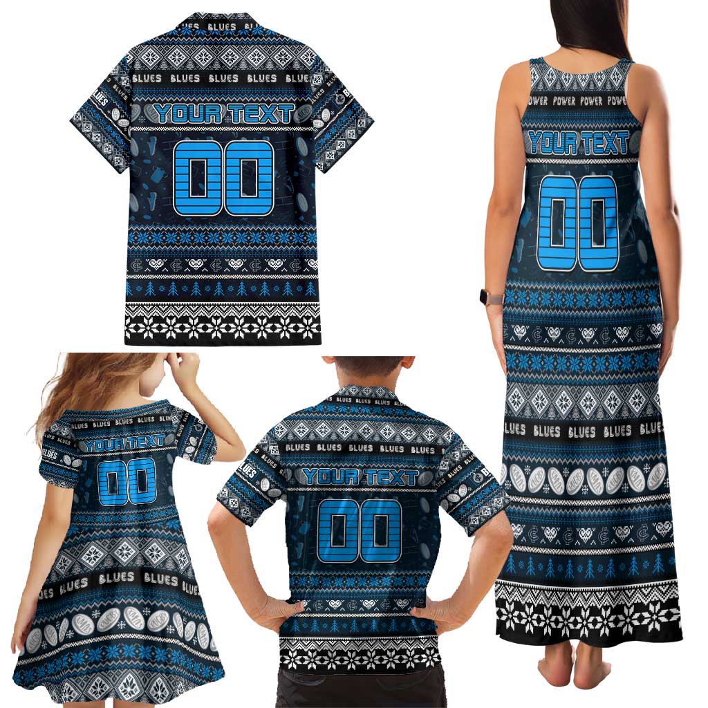 Personalized Blues Rugby Xmas Family Matching Tank Maxi Dress and Hawaiian Shirt Australia AFL Mascot