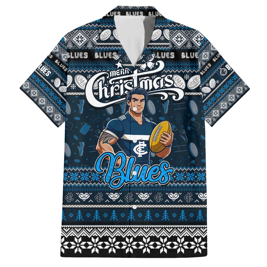 Personalized Blues Rugby Xmas Family Matching Tank Maxi Dress and Hawaiian Shirt Australia AFL Mascot