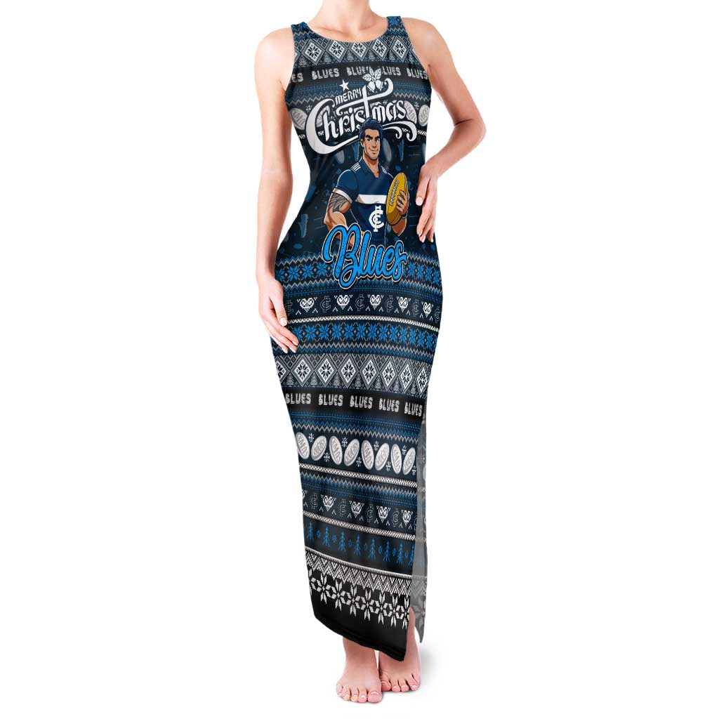 Personalized Blues Rugby Xmas Family Matching Tank Maxi Dress and Hawaiian Shirt Australia AFL Mascot