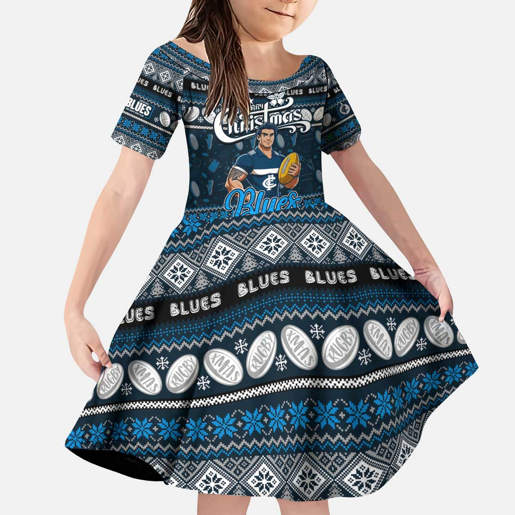 Personalized Blues Rugby Xmas Kid Short Sleeve Dress Australia AFL Mascot