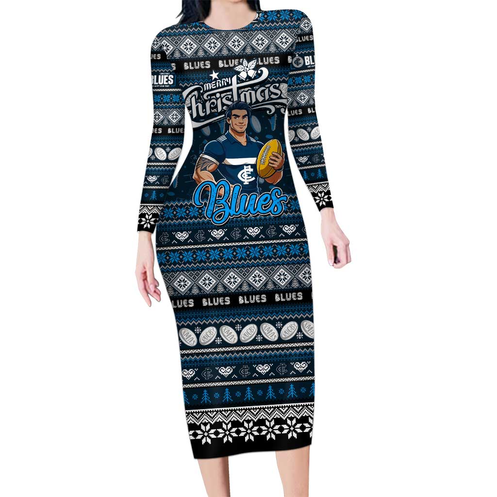 Personalized Blues Rugby Xmas Long Sleeve Bodycon Dress Australia AFL Mascot