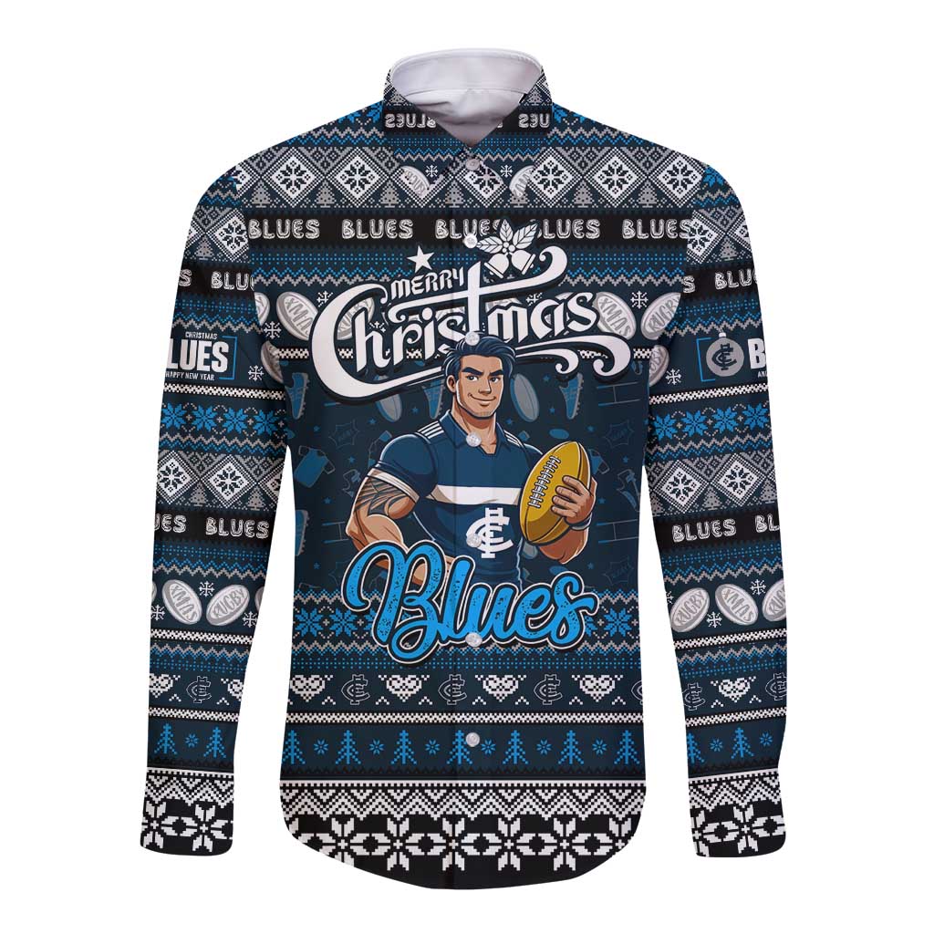 Personalized Blues Rugby Xmas Long Sleeve Button Shirt Australia AFL Mascot