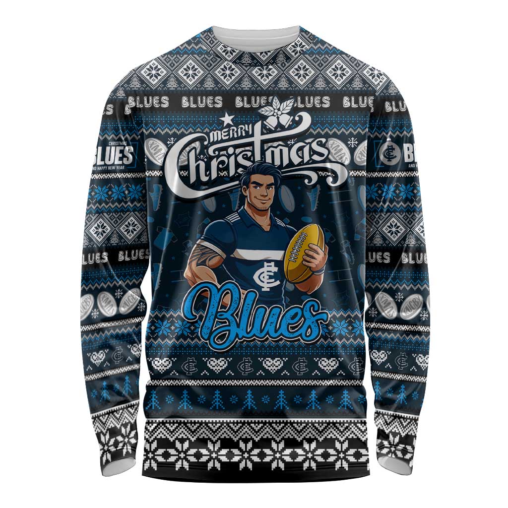 Personalized Blues Rugby Xmas Long Sleeve Shirt Australia AFL Mascot