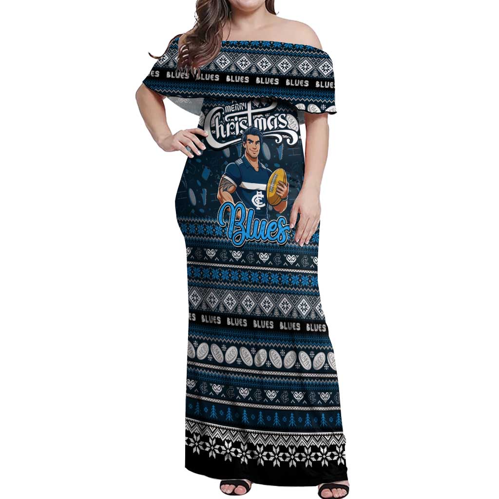 Personalized Blues Rugby Xmas Off Shoulder Maxi Dress Australia AFL Mascot