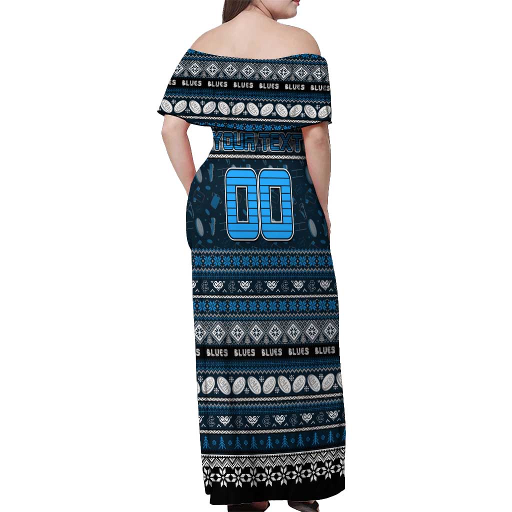Personalized Blues Rugby Xmas Off Shoulder Maxi Dress Australia AFL Mascot