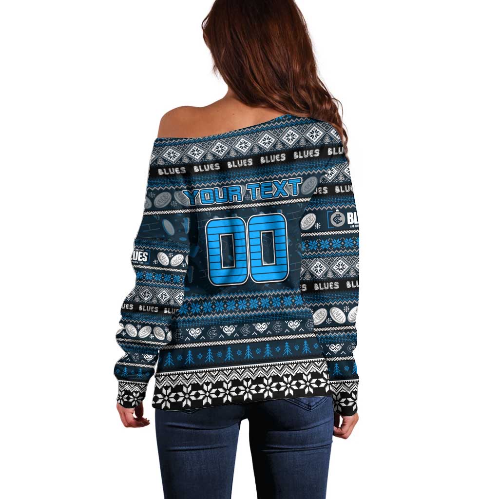 Personalized Blues Rugby Xmas Off Shoulder Sweater Australia AFL Mascot