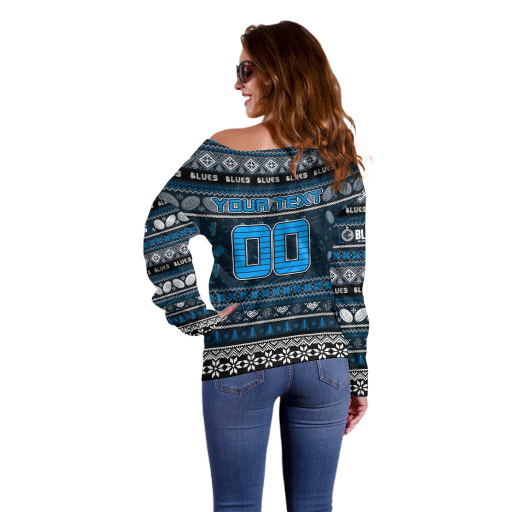Personalized Blues Rugby Xmas Off Shoulder Sweater Australia AFL Mascot