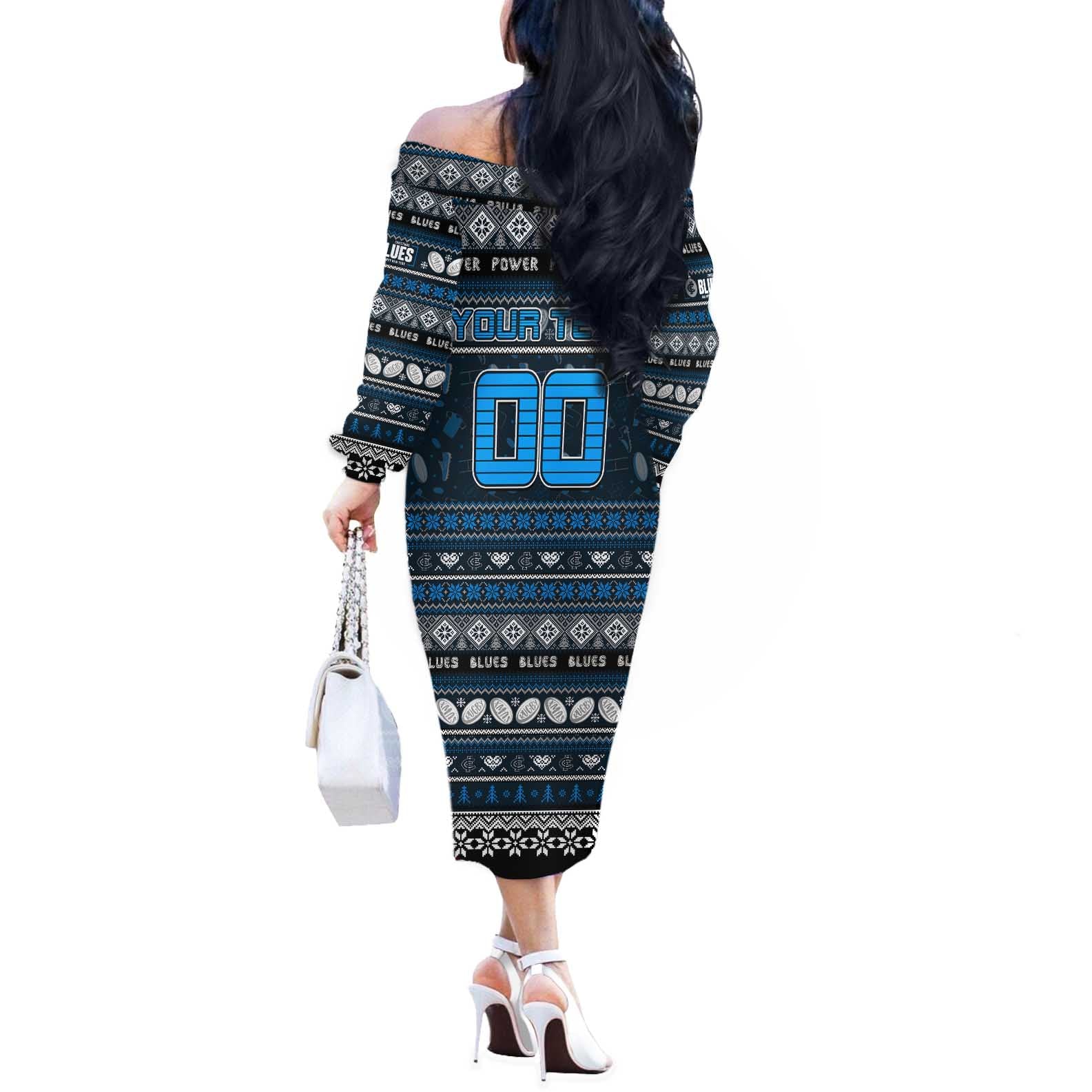 Personalized Blues Rugby Xmas Off The Shoulder Long Sleeve Dress Australia AFL Mascot