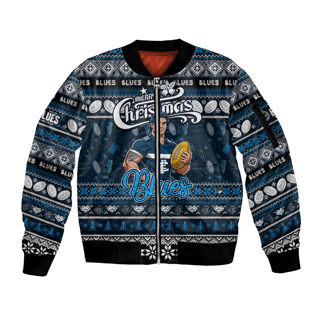 Personalized Blues Rugby Xmas Sleeve Zip Bomber Jacket Australia AFL Mascot