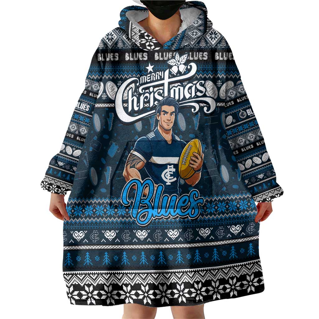 Personalized Blues Rugby Xmas Wearable Blanket Hoodie Australia AFL Mascot