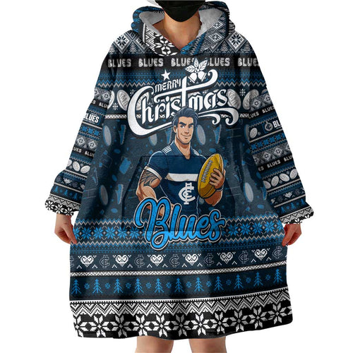 Personalized Blues Rugby Xmas Wearable Blanket Hoodie Australia AFL Mascot