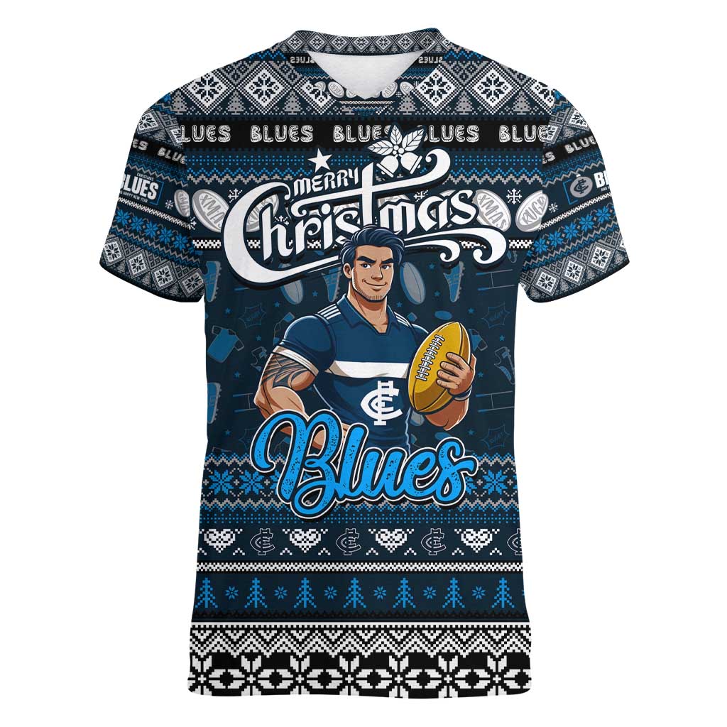 Personalized Blues Rugby Xmas Women V-Neck T-Shirt Australia AFL Mascot