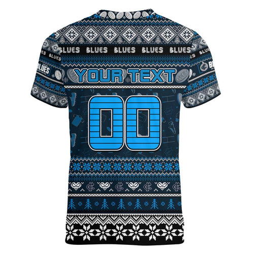 Personalized Blues Rugby Xmas Women V-Neck T-Shirt Australia AFL Mascot