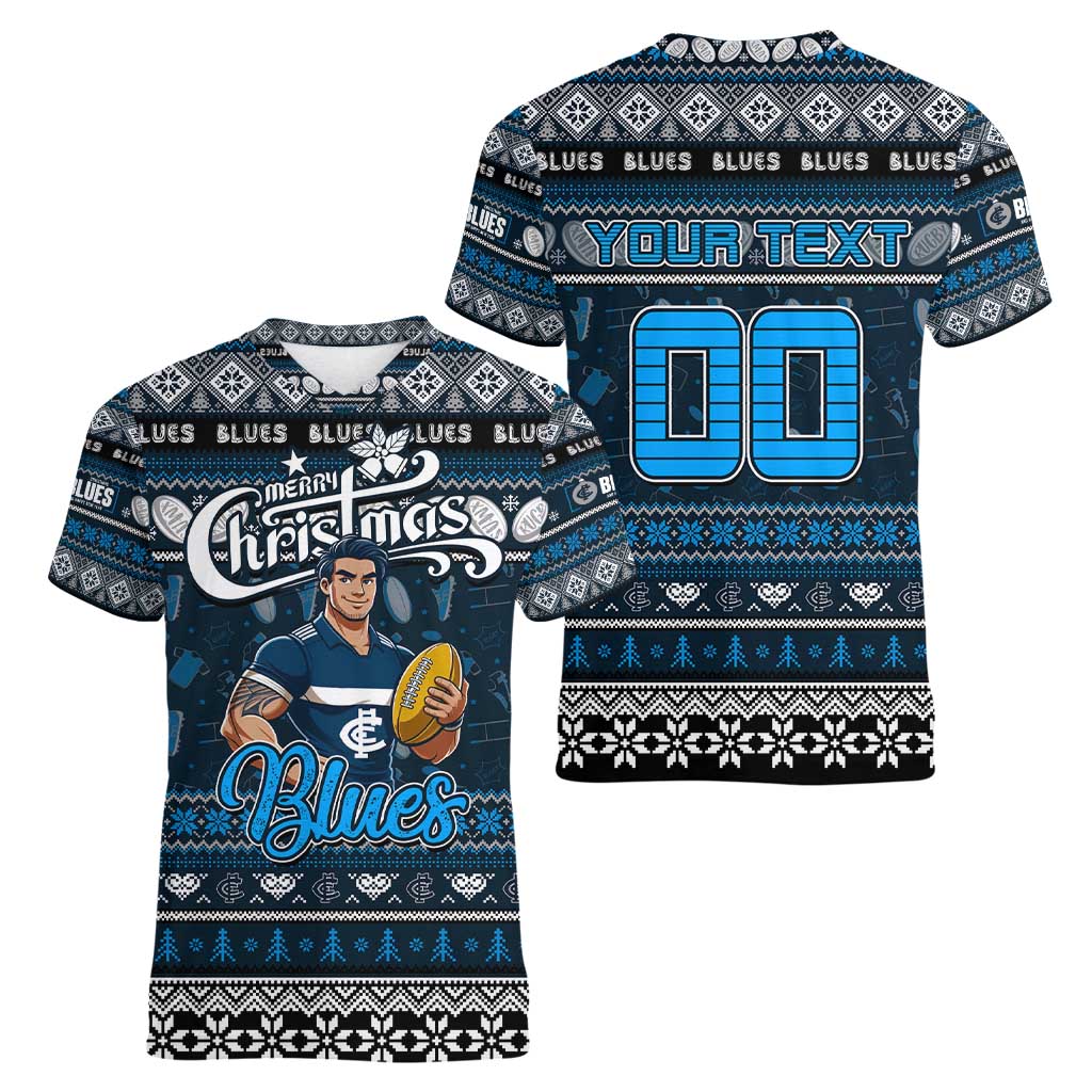 Personalized Blues Rugby Xmas Women V-Neck T-Shirt Australia AFL Mascot