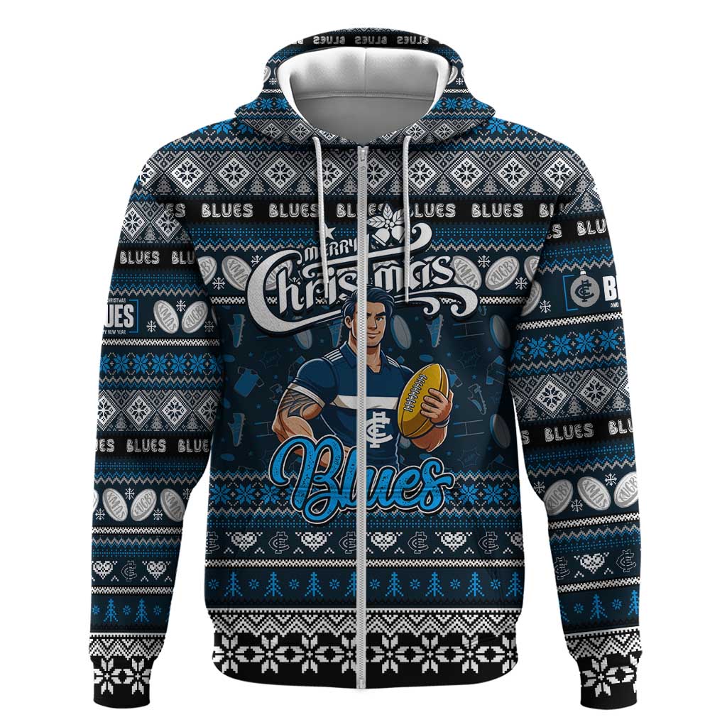 Personalized Blues Rugby Xmas Zip Hoodie Australia AFL Mascot