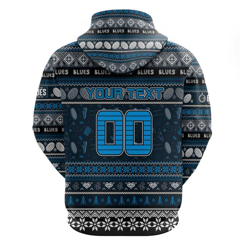 Personalized Blues Rugby Xmas Zip Hoodie Australia AFL Mascot
