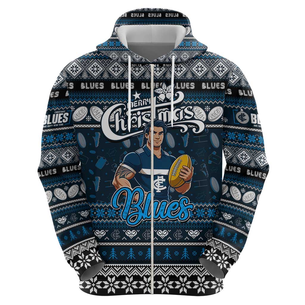 Personalized Blues Rugby Xmas Zip Hoodie Australia AFL Mascot