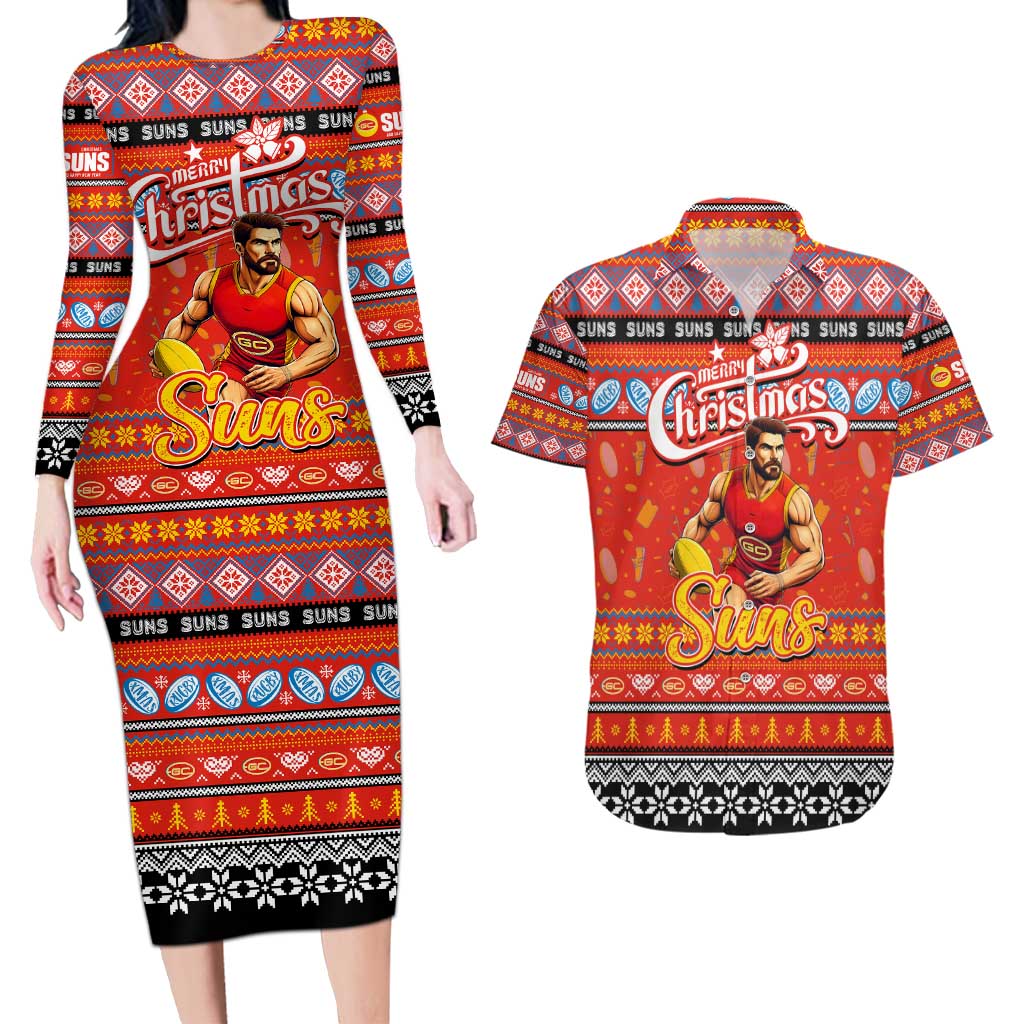 Personalized Suns Rugby Xmas Couples Matching Long Sleeve Bodycon Dress and Hawaiian Shirt Australia AFL Mascot