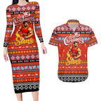 Personalized Suns Rugby Xmas Couples Matching Long Sleeve Bodycon Dress and Hawaiian Shirt Australia AFL Mascot