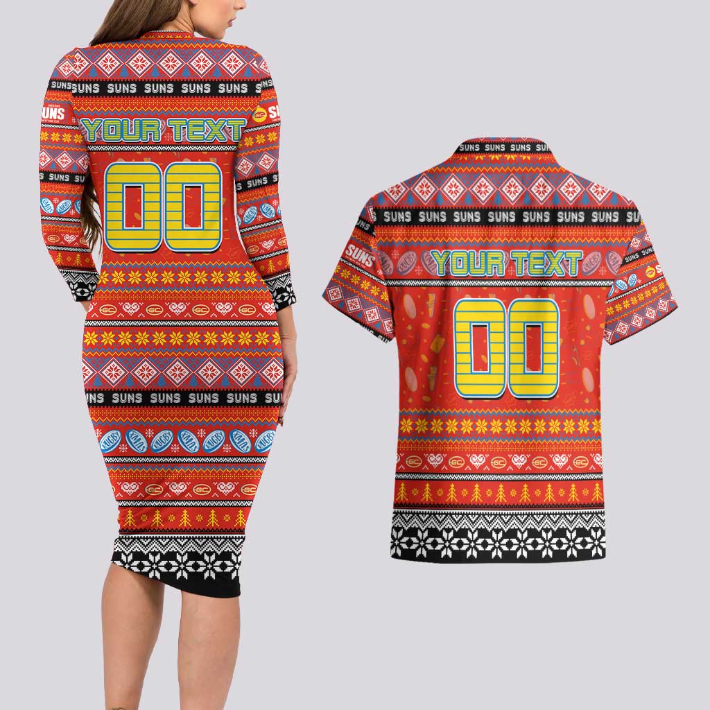 Personalized Suns Rugby Xmas Couples Matching Long Sleeve Bodycon Dress and Hawaiian Shirt Australia AFL Mascot