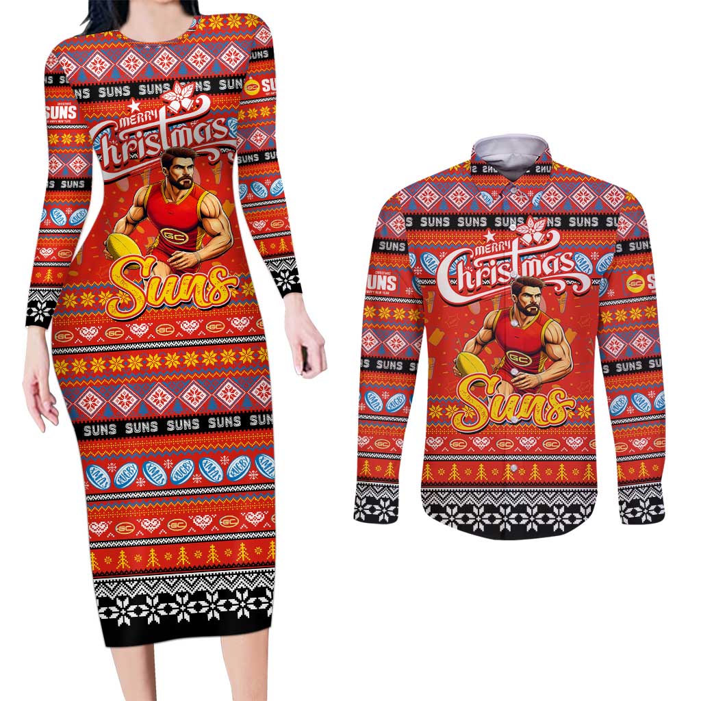 Personalized Suns Rugby Xmas Couples Matching Long Sleeve Bodycon Dress and Long Sleeve Button Shirt Australia AFL Mascot