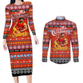 Personalized Suns Rugby Xmas Couples Matching Long Sleeve Bodycon Dress and Long Sleeve Button Shirt Australia AFL Mascot