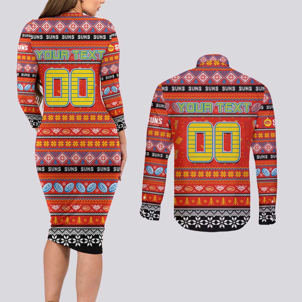 Personalized Suns Rugby Xmas Couples Matching Long Sleeve Bodycon Dress and Long Sleeve Button Shirt Australia AFL Mascot