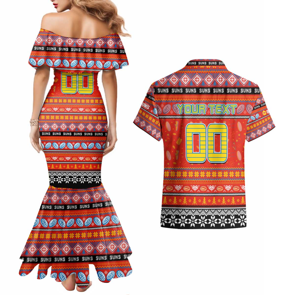 Personalized Suns Rugby Xmas Couples Matching Mermaid Dress and Hawaiian Shirt Australia AFL Mascot