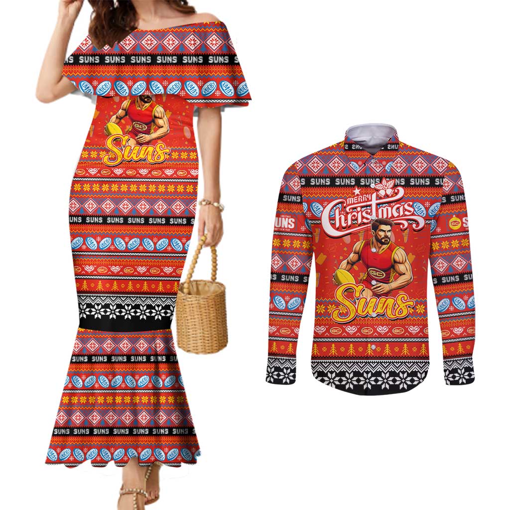 Personalized Suns Rugby Xmas Couples Matching Mermaid Dress and Long Sleeve Button Shirt Australia AFL Mascot