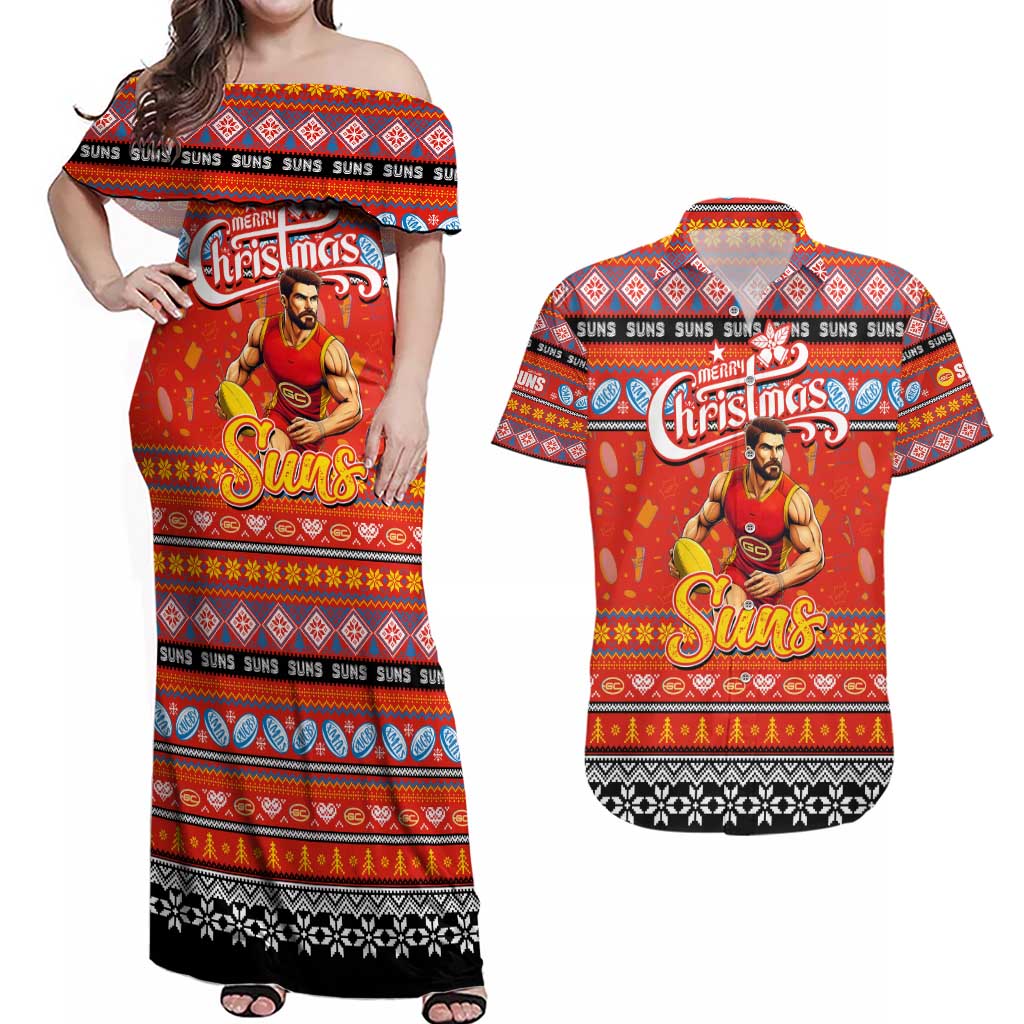 Personalized Suns Rugby Xmas Couples Matching Off Shoulder Maxi Dress and Hawaiian Shirt Australia AFL Mascot