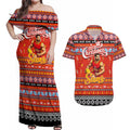 Personalized Suns Rugby Xmas Couples Matching Off Shoulder Maxi Dress and Hawaiian Shirt Australia AFL Mascot