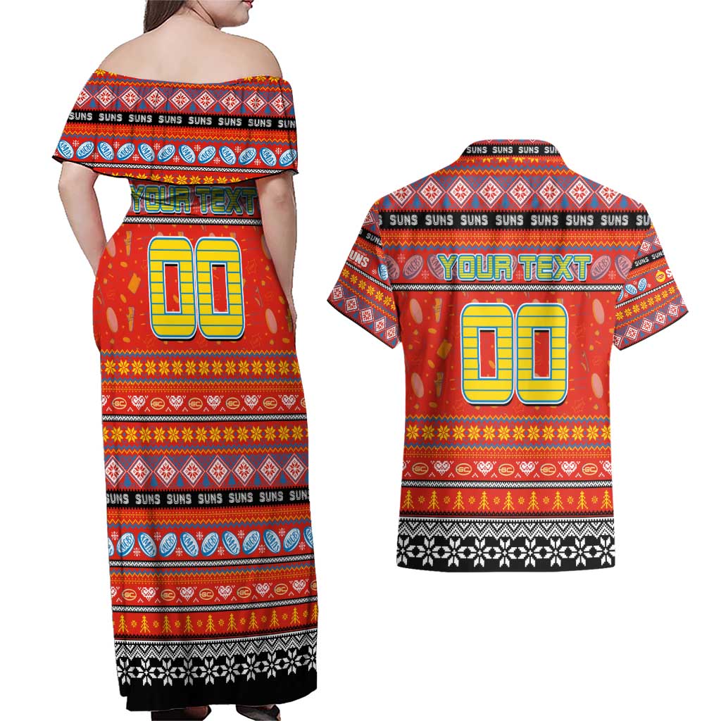 Personalized Suns Rugby Xmas Couples Matching Off Shoulder Maxi Dress and Hawaiian Shirt Australia AFL Mascot