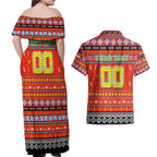 Personalized Suns Rugby Xmas Couples Matching Off Shoulder Maxi Dress and Hawaiian Shirt Australia AFL Mascot