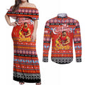 Personalized Suns Rugby Xmas Couples Matching Off Shoulder Maxi Dress and Long Sleeve Button Shirt Australia AFL Mascot