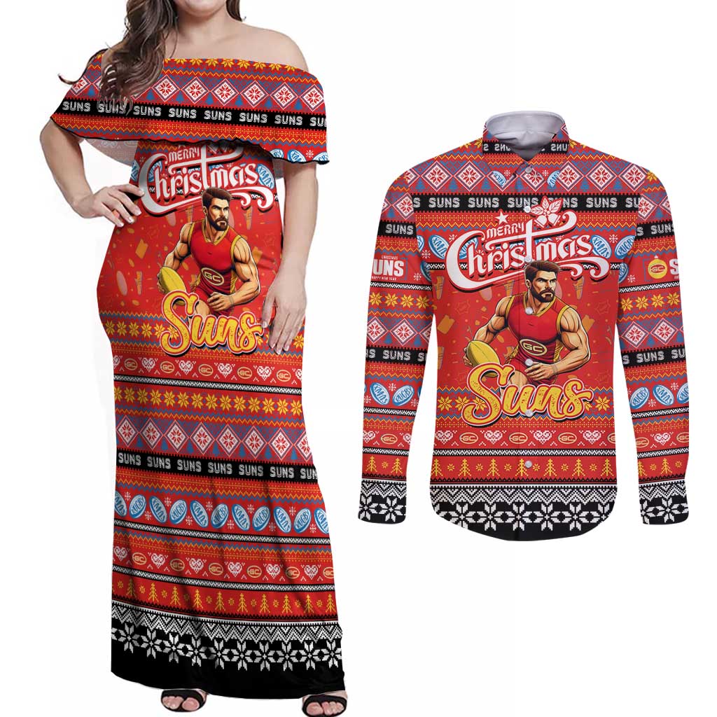 Personalized Suns Rugby Xmas Couples Matching Off Shoulder Maxi Dress and Long Sleeve Button Shirt Australia AFL Mascot