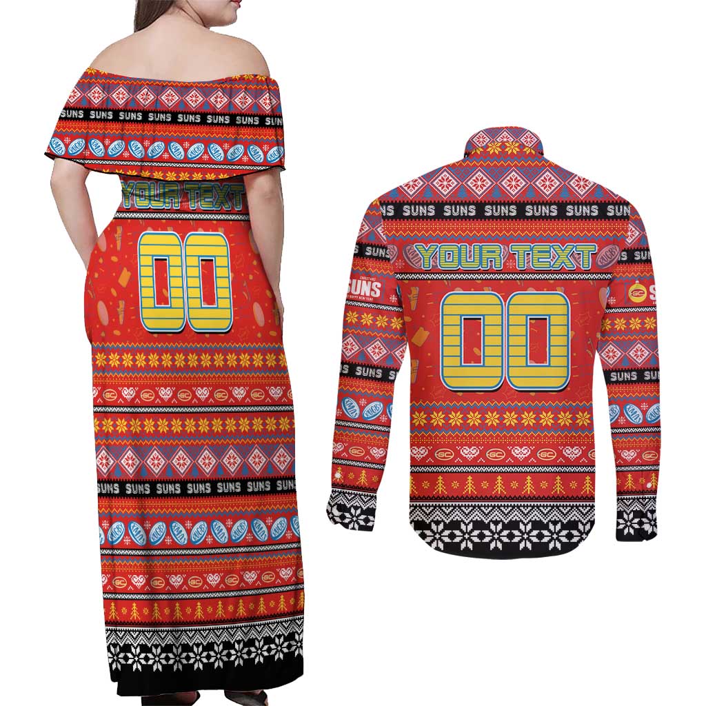 Personalized Suns Rugby Xmas Couples Matching Off Shoulder Maxi Dress and Long Sleeve Button Shirt Australia AFL Mascot
