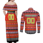 Personalized Suns Rugby Xmas Couples Matching Off Shoulder Maxi Dress and Long Sleeve Button Shirt Australia AFL Mascot
