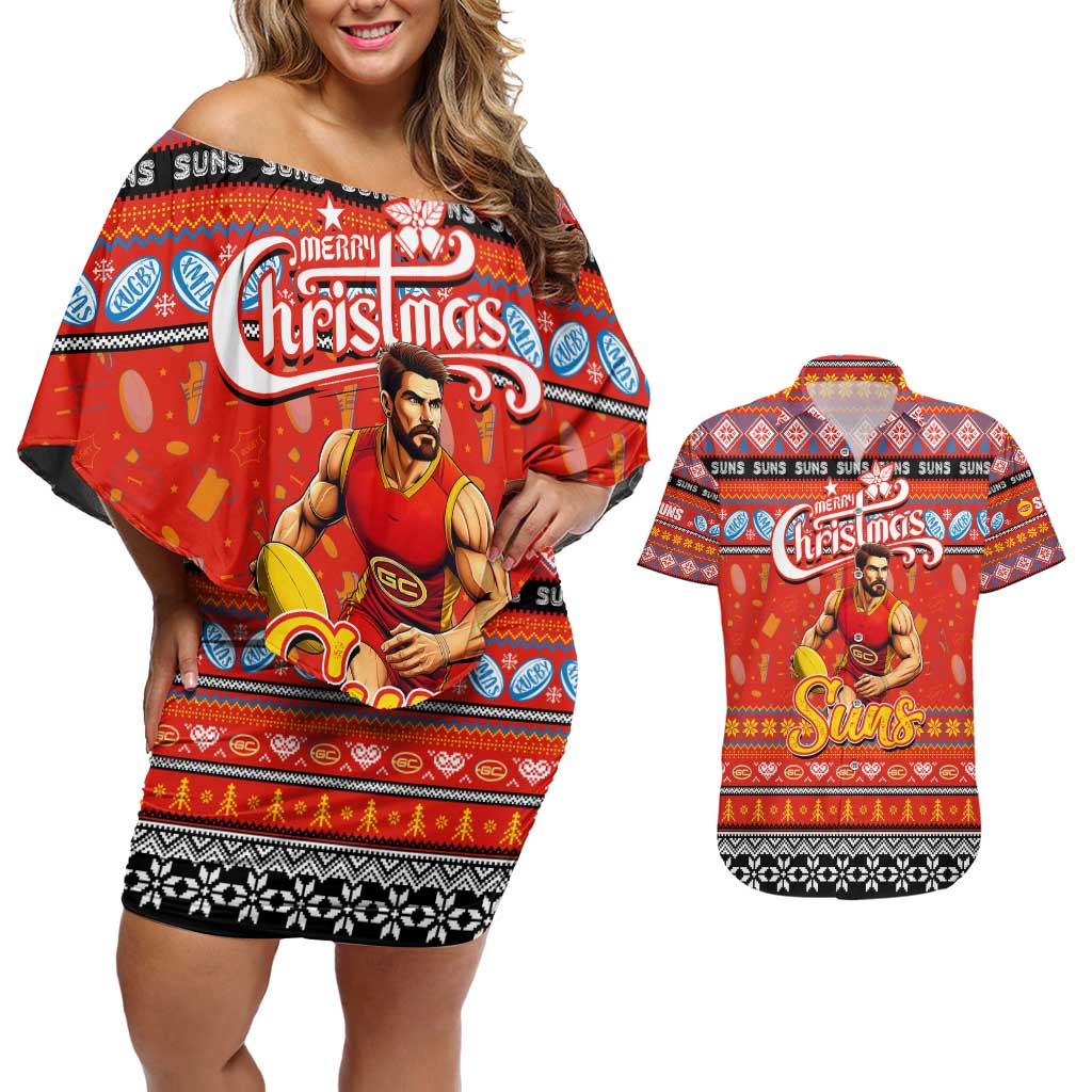 Personalized Suns Rugby Xmas Couples Matching Off Shoulder Short Dress and Hawaiian Shirt Australia AFL Mascot
